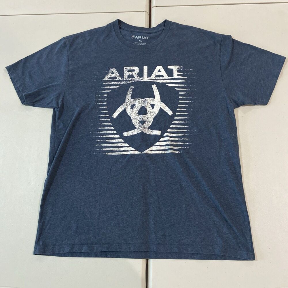 Ariat Shirt Mens XL Blue Big Logo Graphic Tee 100% Cotton Tagless Crewneck